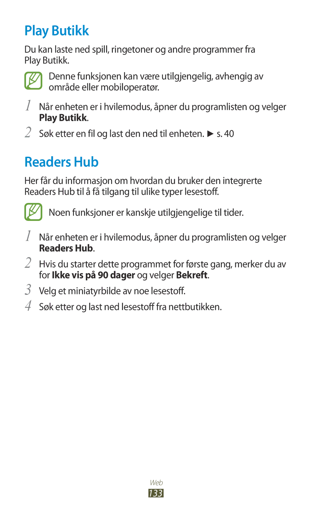 Samsung GT-N7000ZBANEE, GT-N7000ZBENEE manual Play Butikk, Readers Hub, For Ikke vis på 90 dager og velger Bekreft, 133 