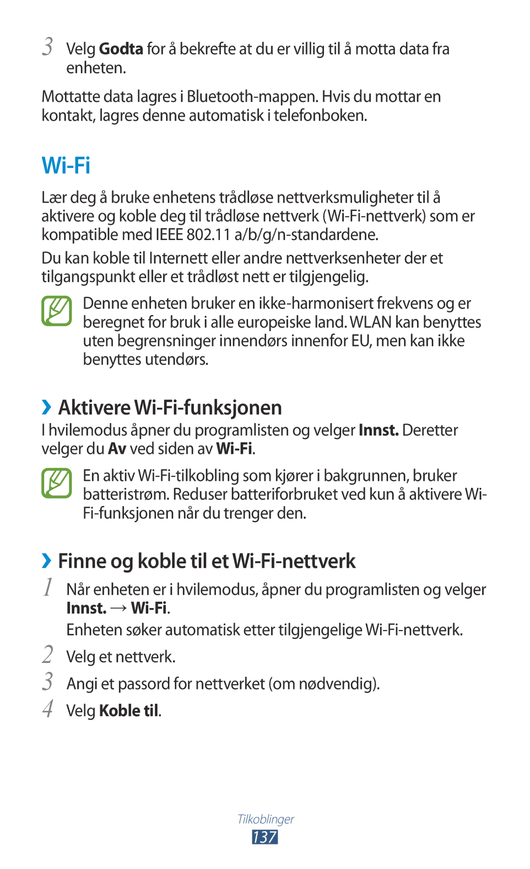 Samsung GT-N7000ZBANEE manual ››Aktivere Wi-Fi-funksjonen, ››Finne og koble til et Wi-Fi-nettverk, Velg Koble til, 137 