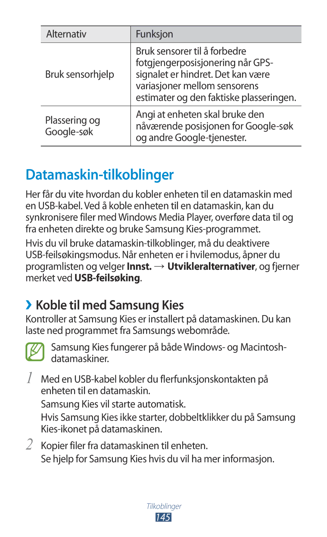 Samsung GT-N7000ZBANEE, GT-N7000ZBENEE, GT-N7000ZIANEE manual Datamaskin-tilkoblinger, ››Koble til med Samsung Kies, 145 