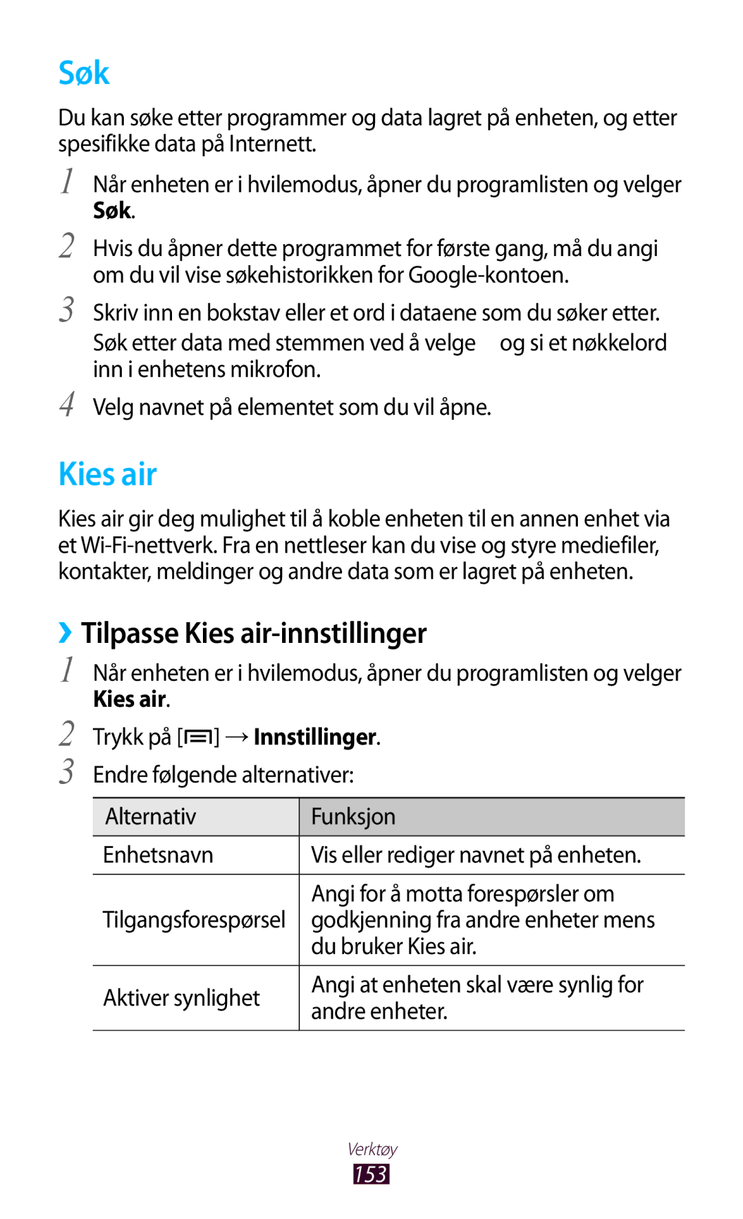 Samsung GT-N7000ZBANEE, GT-N7000ZBENEE, GT-N7000ZIANEE, GT-N7000RWANEE manual Søk, ››Tilpasse Kies air-innstillinger 