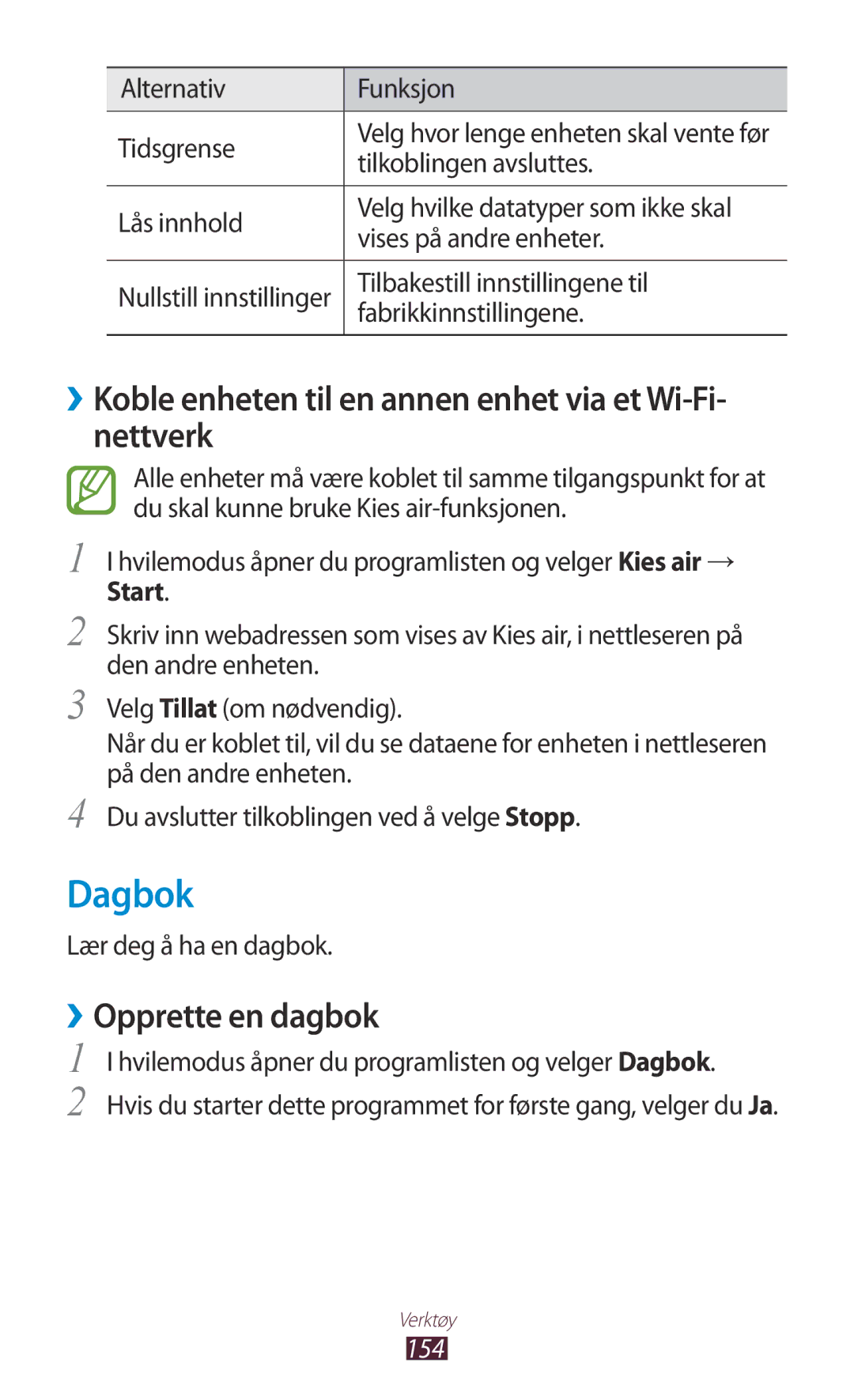 Samsung GT-N7000ZIANEE manual Dagbok, ››Koble enheten til en annen enhet via et Wi-Fi- nettverk, ››Opprette en dagbok, 154 