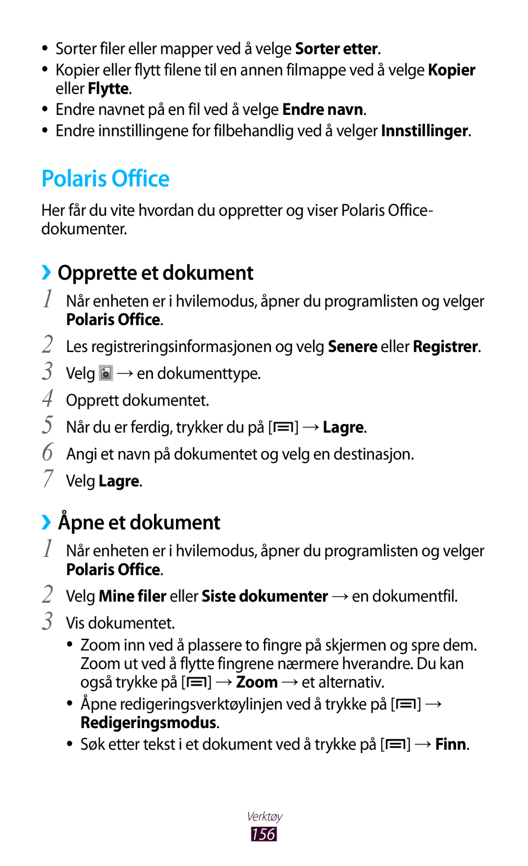 Samsung GT-N7000ZBENEE, GT-N7000ZBANEE, GT-N7000ZIANEE manual Polaris Office, ››Opprette et dokument, ››Åpne et dokument, 156 