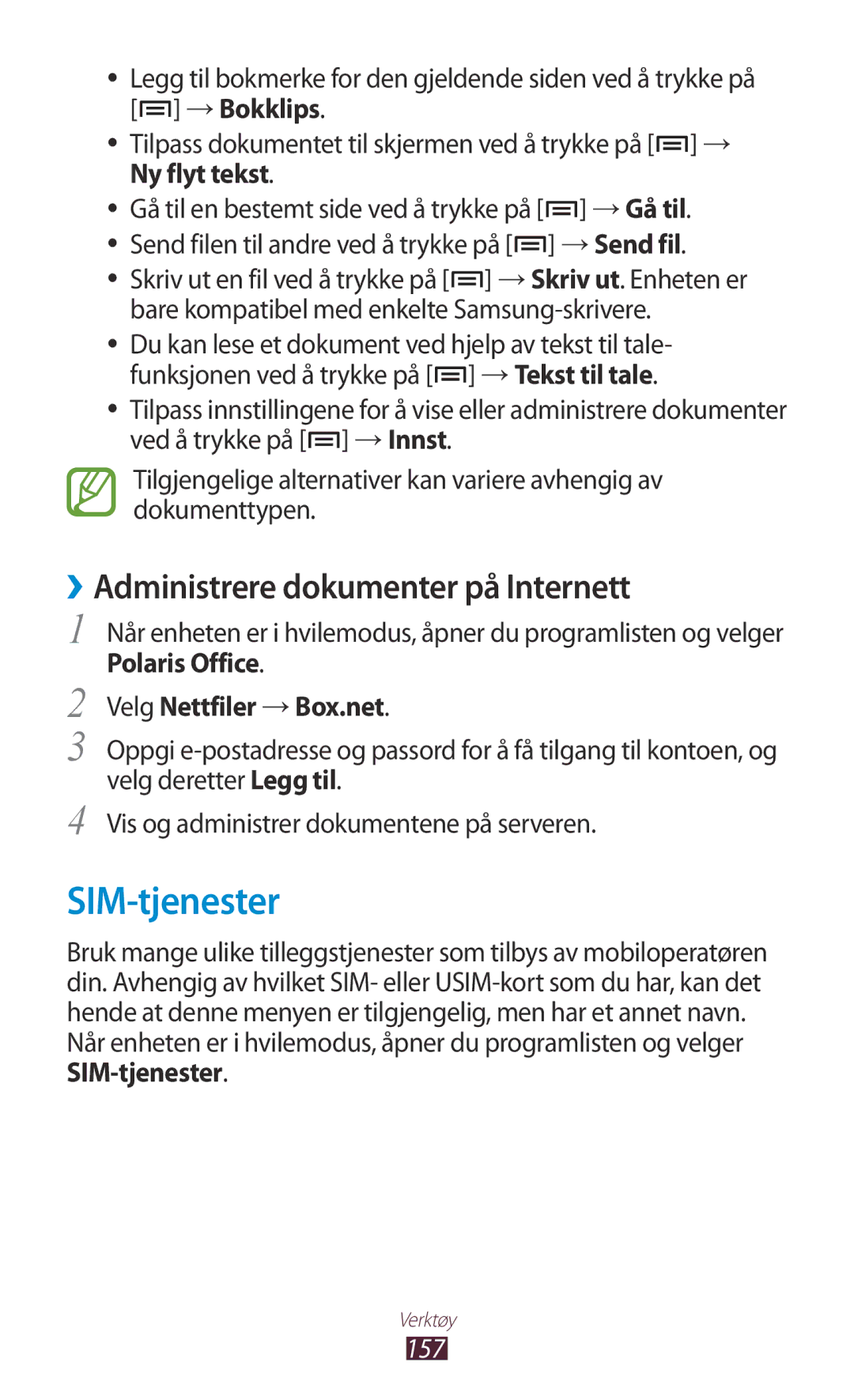 Samsung GT-N7000ZBANEE SIM-tjenester, ››Administrere dokumenter på Internett, Polaris Office Velg Nettfiler → Box.net, 157 