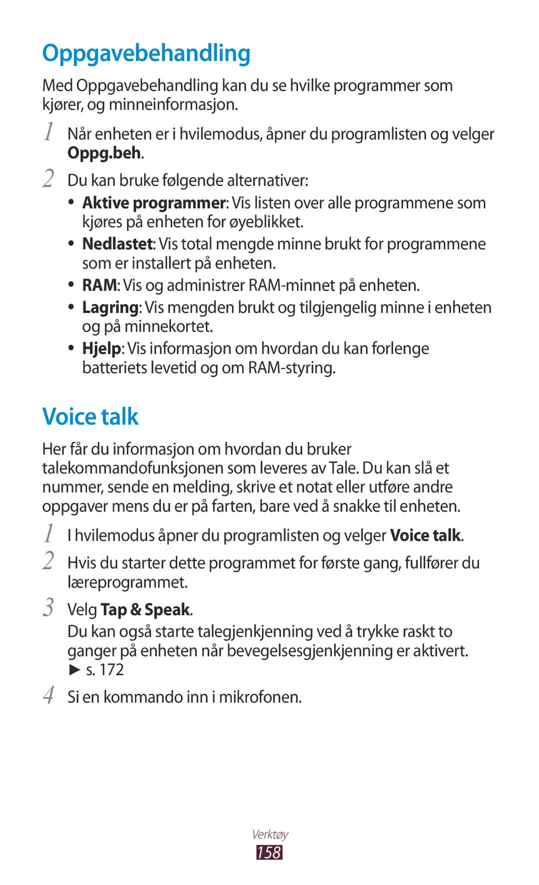 Samsung GT-N7000ZIANEE manual Oppgavebehandling, Voice talk, Velg Tap & Speak, Si en kommando inn i mikrofonen, 158 