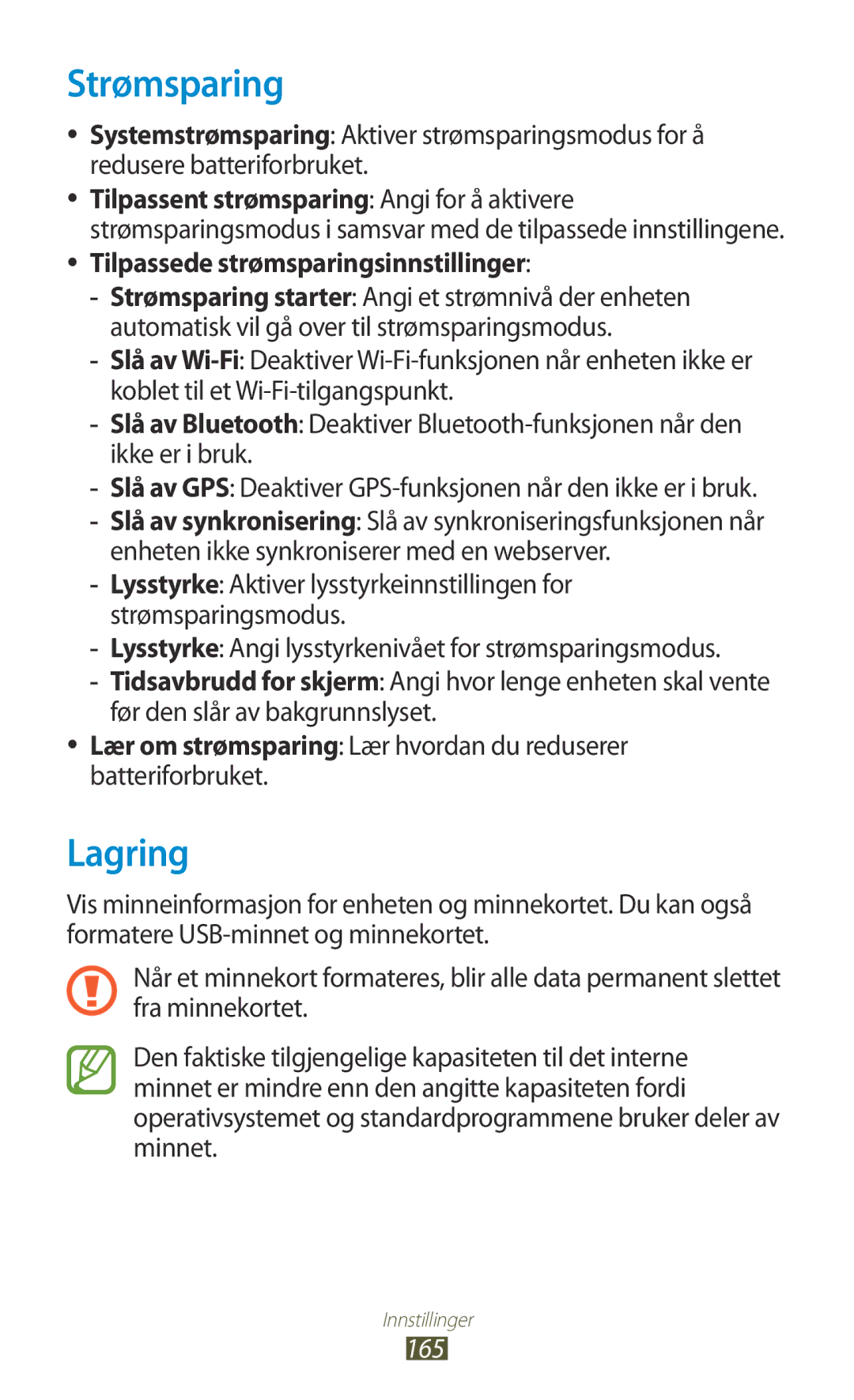 Samsung GT-N7000ZBANEE, GT-N7000ZBENEE, GT-N7000ZIANEE Strømsparing, Lagring, Tilpassede strømsparingsinnstillinger, 165 