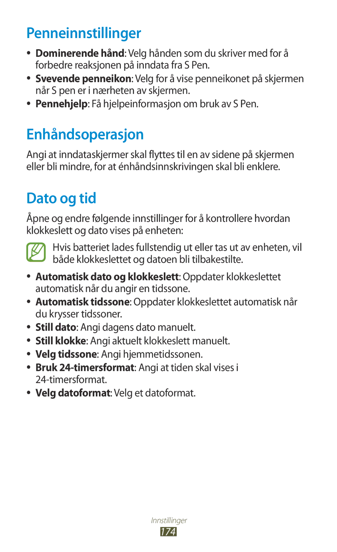 Samsung GT-N7000ZIANEE, GT-N7000ZBENEE, GT-N7000ZBANEE manual Penneinnstillinger, Enhåndsoperasjon, Dato og tid, 174 