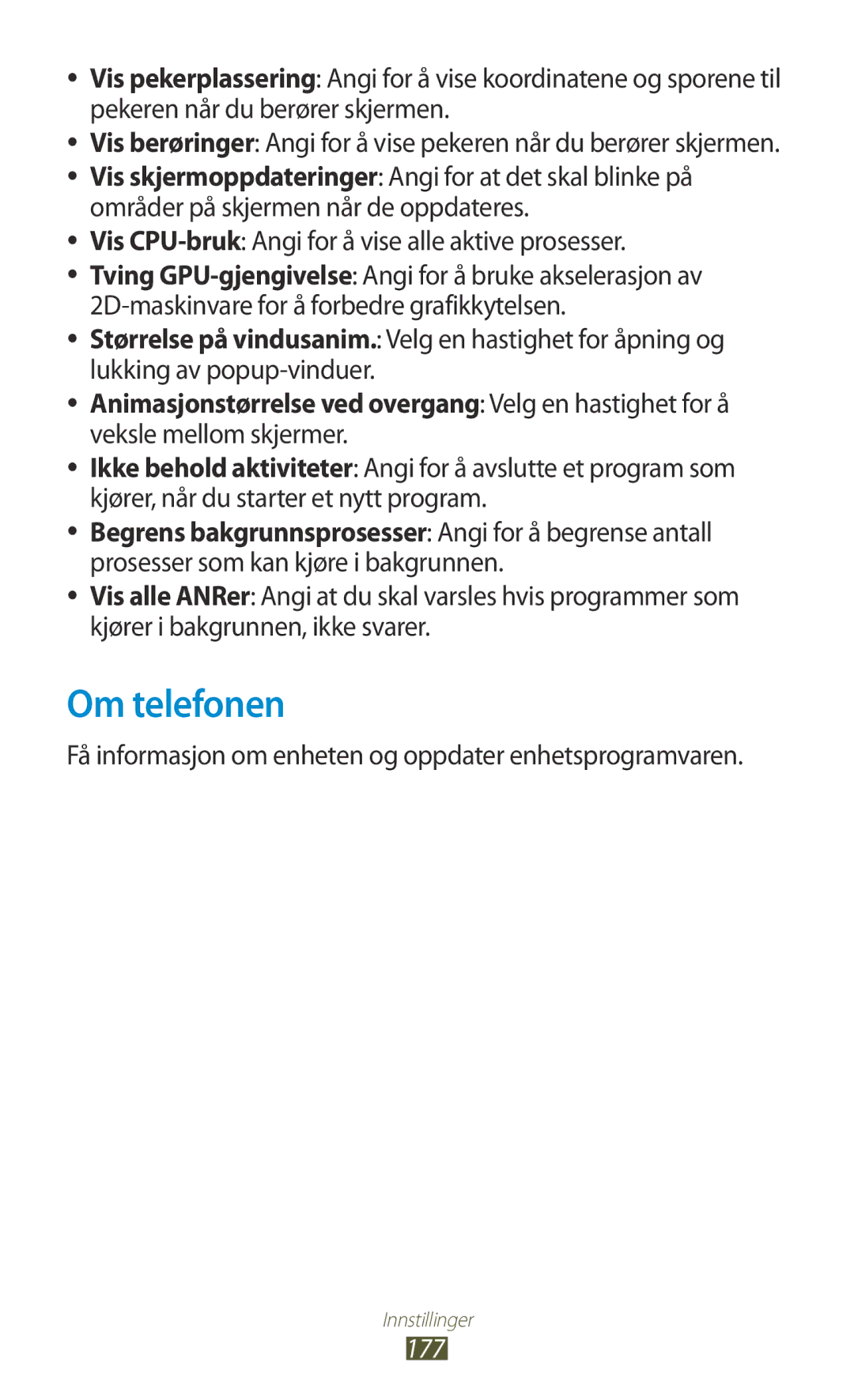 Samsung GT-N7000ZBANEE, GT-N7000ZBENEE manual Om telefonen, Vis CPU-bruk Angi for å vise alle aktive prosesser, 177 