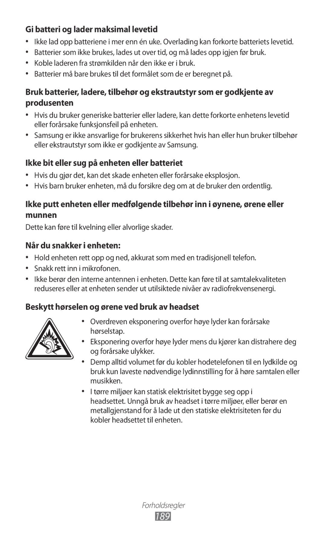 Samsung GT-N7000ZBANEE, GT-N7000ZBENEE, GT-N7000ZIANEE, GT-N7000RWANEE manual 189, Gi batteri og lader maksimal levetid 