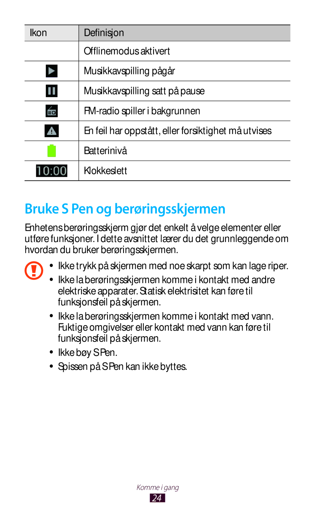 Samsung GT-N7000ZBENEE, GT-N7000ZBANEE, GT-N7000ZIANEE manual Bruke S Pen og berøringsskjermen, Batterinivå, Klokkeslett 