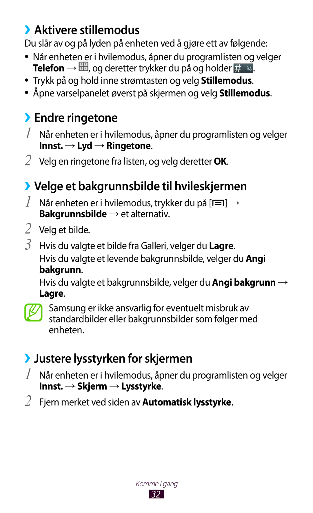 Samsung GT-N7000ZBENEE manual ››Aktivere stillemodus, ››Endre ringetone, ››Velge et bakgrunnsbilde til hvileskjermen 