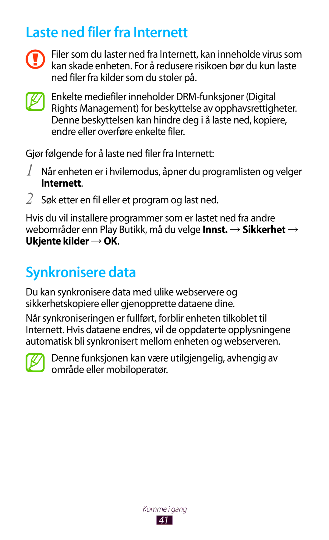 Samsung GT-N7000ZBANEE, GT-N7000ZBENEE, GT-N7000ZIANEE, GT-N7000RWANEE manual Laste ned filer fra Internett, Synkronisere data 