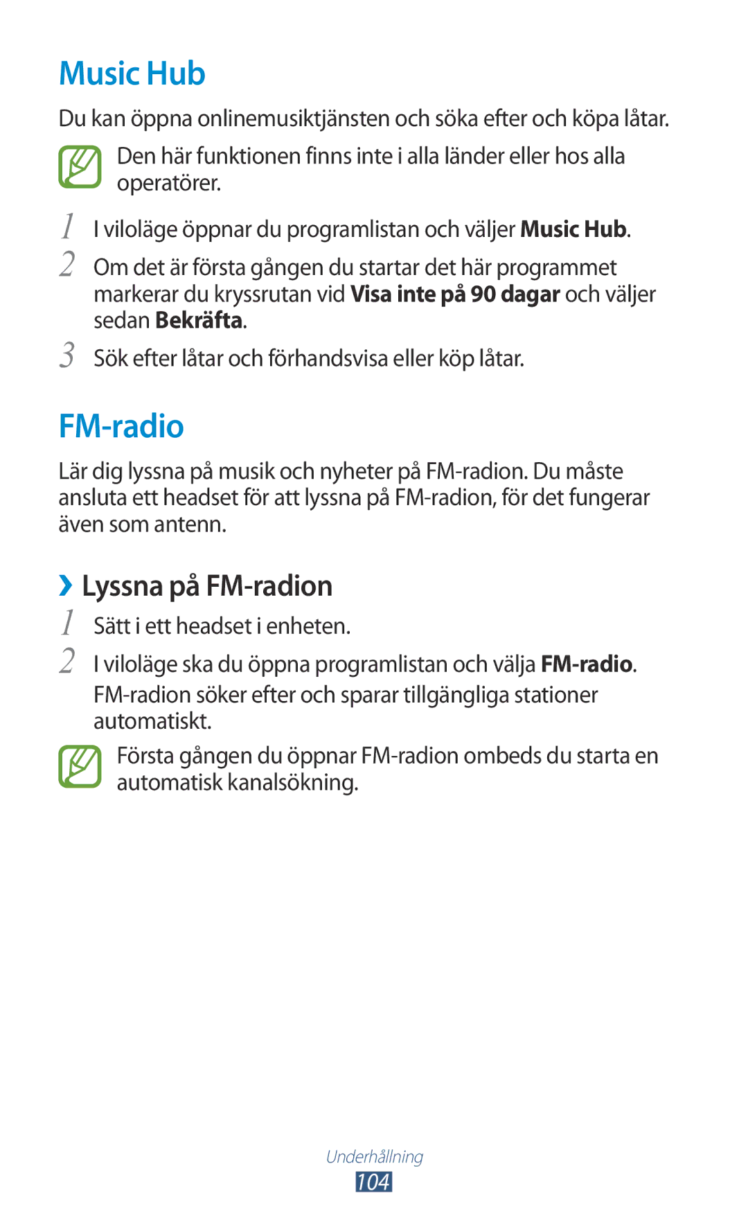 Samsung GT-N7000ZBENEE, GT-N7000ZBANEE, GT-N7000ZIANEE, GT-N7000RWANEE manual Music Hub, ››Lyssna på FM-radion, 104 