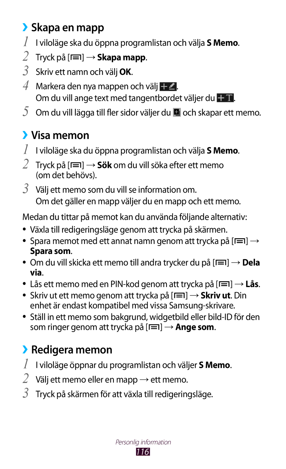 Samsung GT-N7000ZBENEE, GT-N7000ZBANEE, GT-N7000ZIANEE, GT-N7000RWANEE manual Skapa en mapp, Visa memon, Redigera memon 