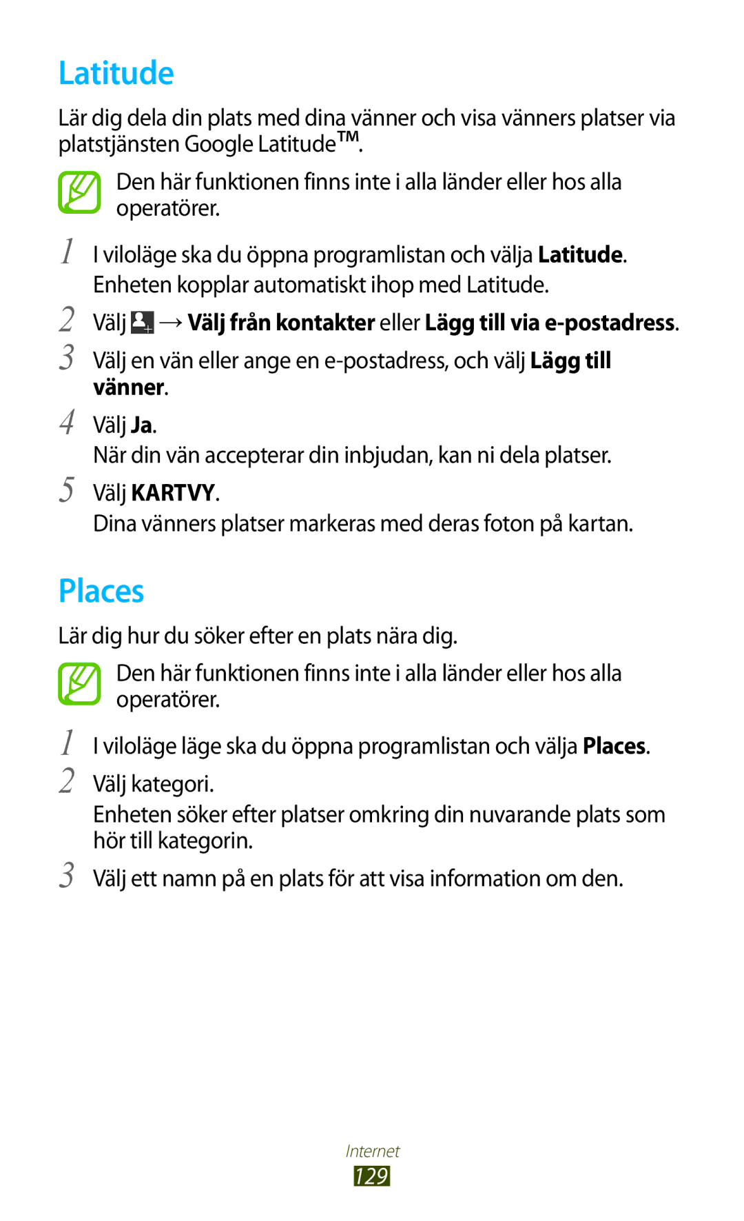 Samsung GT-N7000ZBANEE, GT-N7000ZBENEE, GT-N7000ZIANEE, GT-N7000RWANEE manual Latitude, Places, 129 