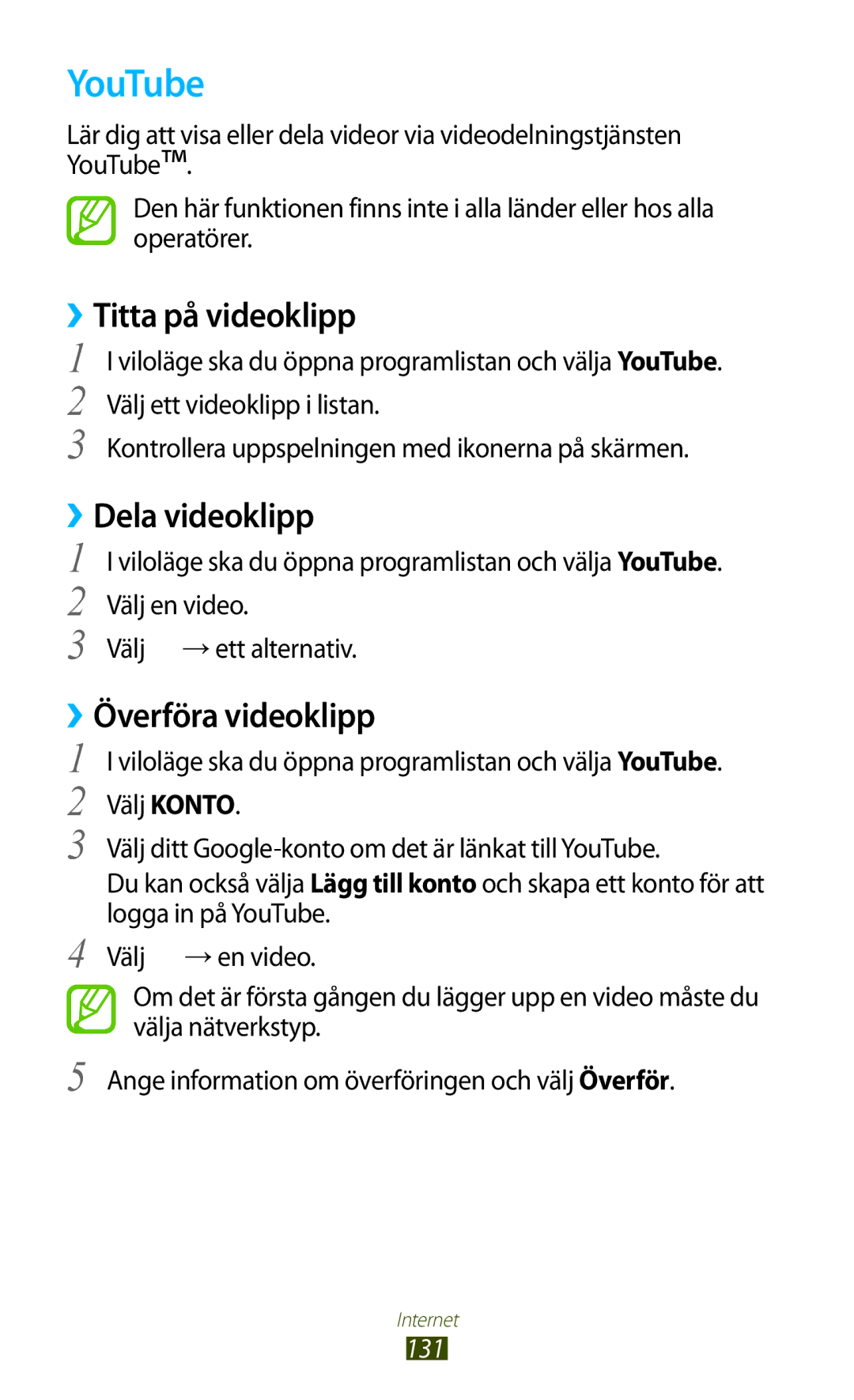 Samsung GT-N7000RWANEE, GT-N7000ZBENEE manual YouTube, ››Titta på videoklipp, ››Dela videoklipp, ››Överföra videoklipp, 131 