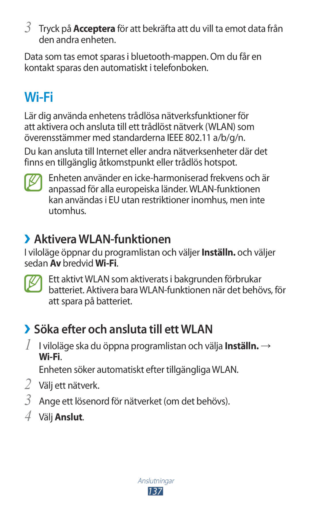 Samsung GT-N7000ZBANEE, GT-N7000ZBENEE manual Wi-Fi, ››Aktivera WLAN-funktionen, ››Söka efter och ansluta till ett Wlan, 137 