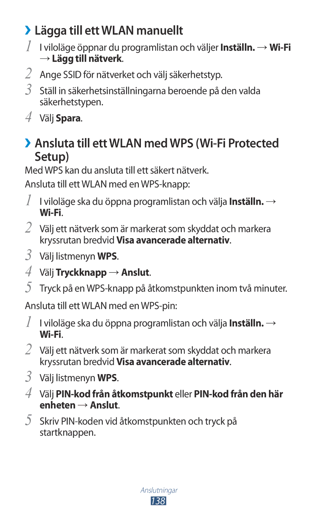 Samsung GT-N7000ZIANEE manual ››Lägga till ett Wlan manuellt, Setup, → Lägg till nätverk, Välj Tryckknapp → Anslut, 138 