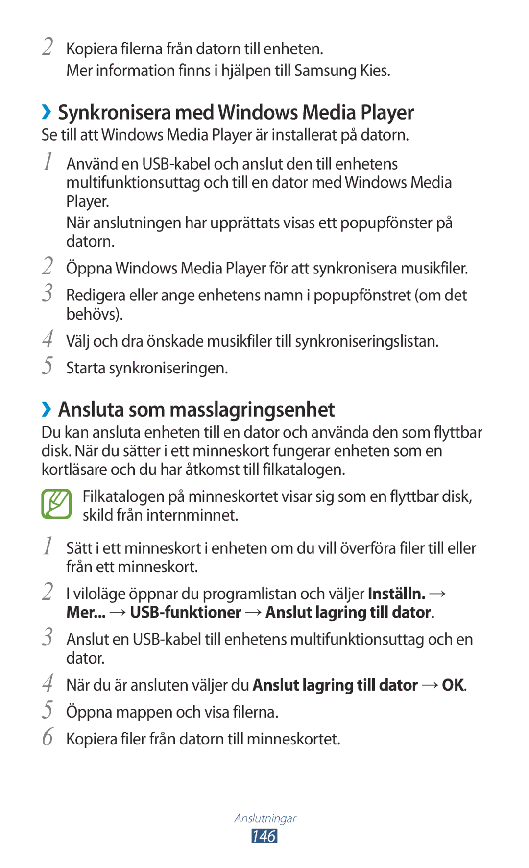 Samsung GT-N7000ZIANEE, GT-N7000ZBENEE manual ››Synkronisera med Windows Media Player, ››Ansluta som masslagringsenhet, 146 