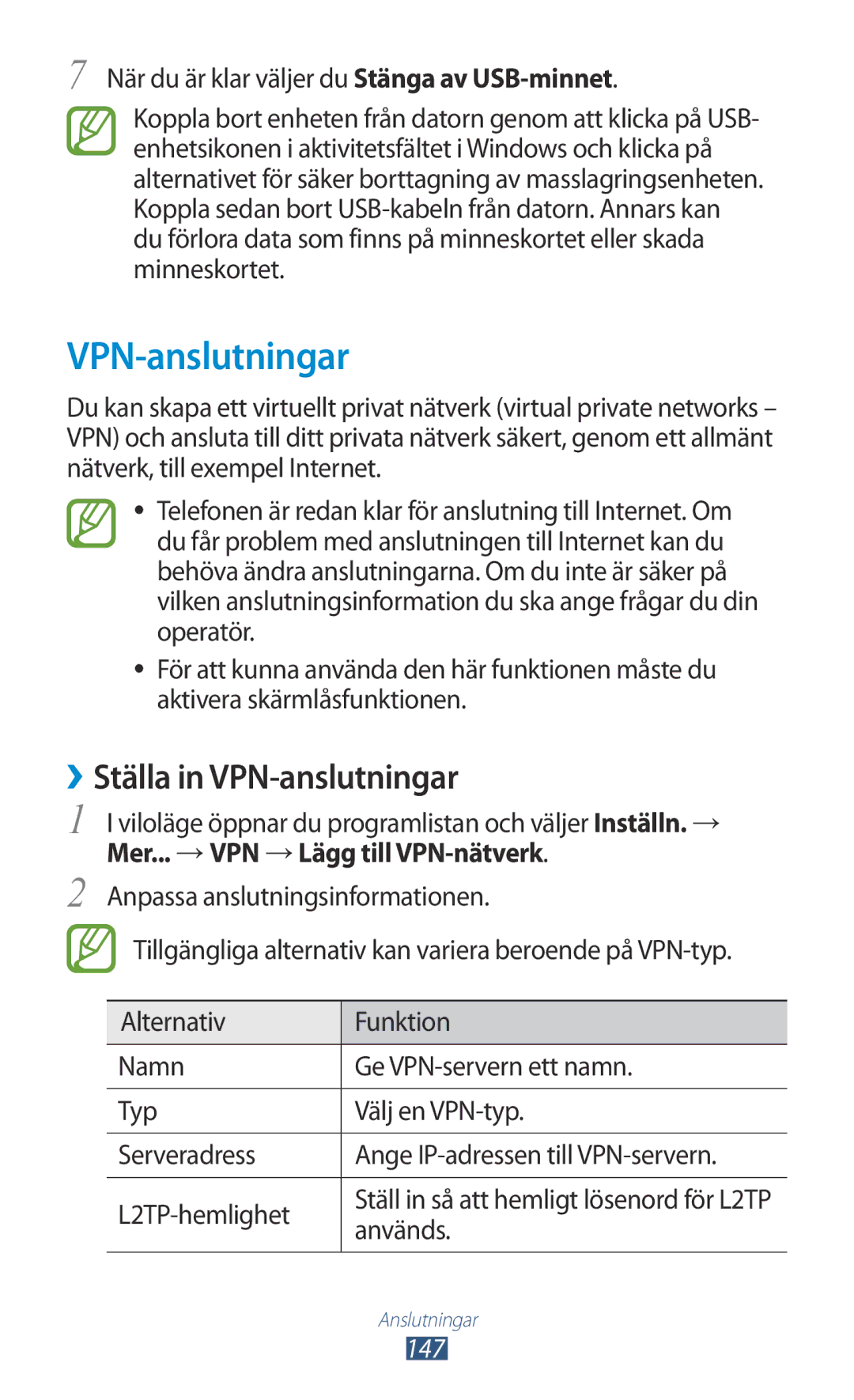 Samsung GT-N7000RWANEE, GT-N7000ZBENEE, GT-N7000ZBANEE, GT-N7000ZIANEE manual ››Ställa in VPN-anslutningar, Används, 147 