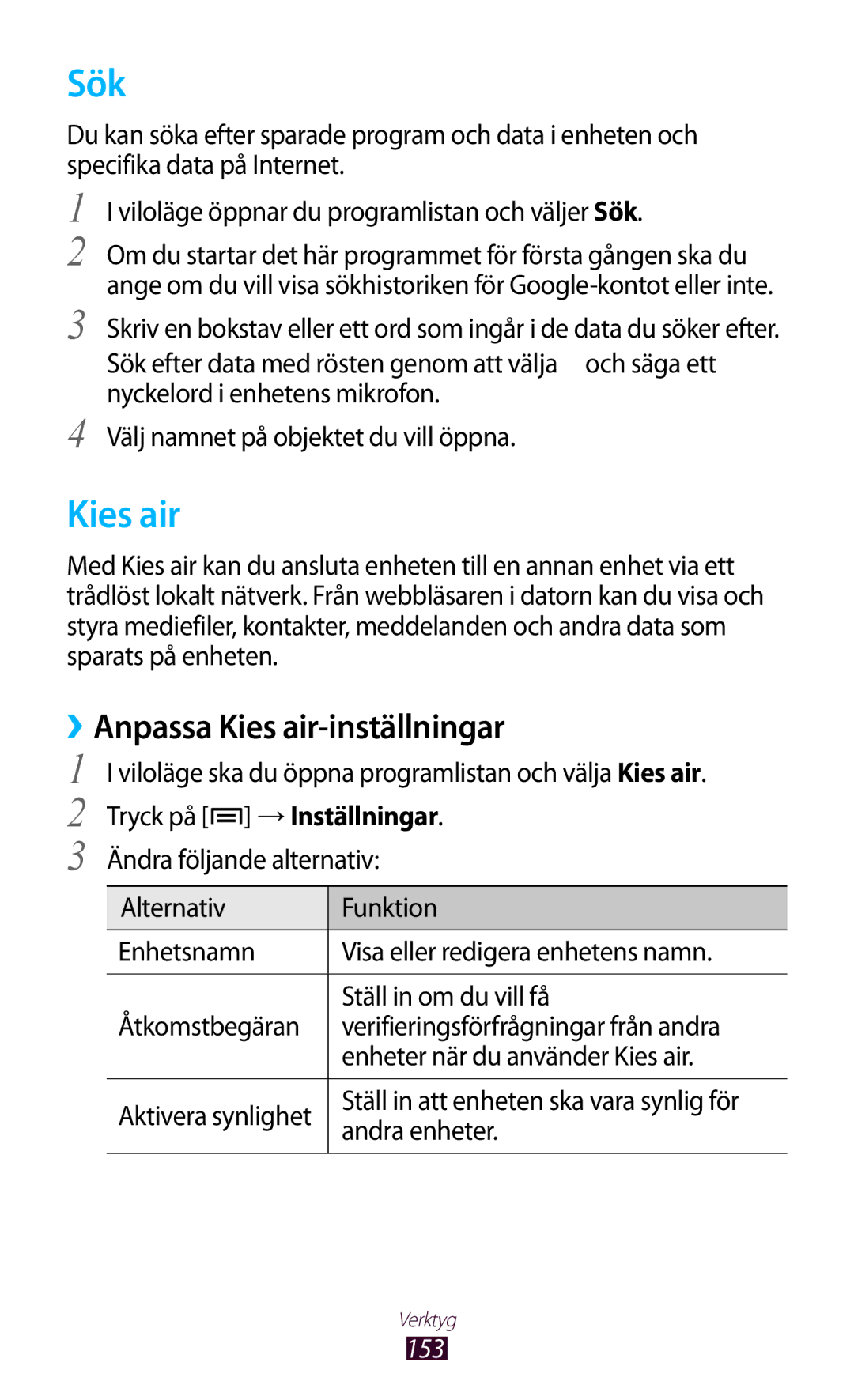 Samsung GT-N7000ZBANEE Sök, Anpassa Kies air-inställningar, Viloläge ska du öppna programlistan och välja Kies air 