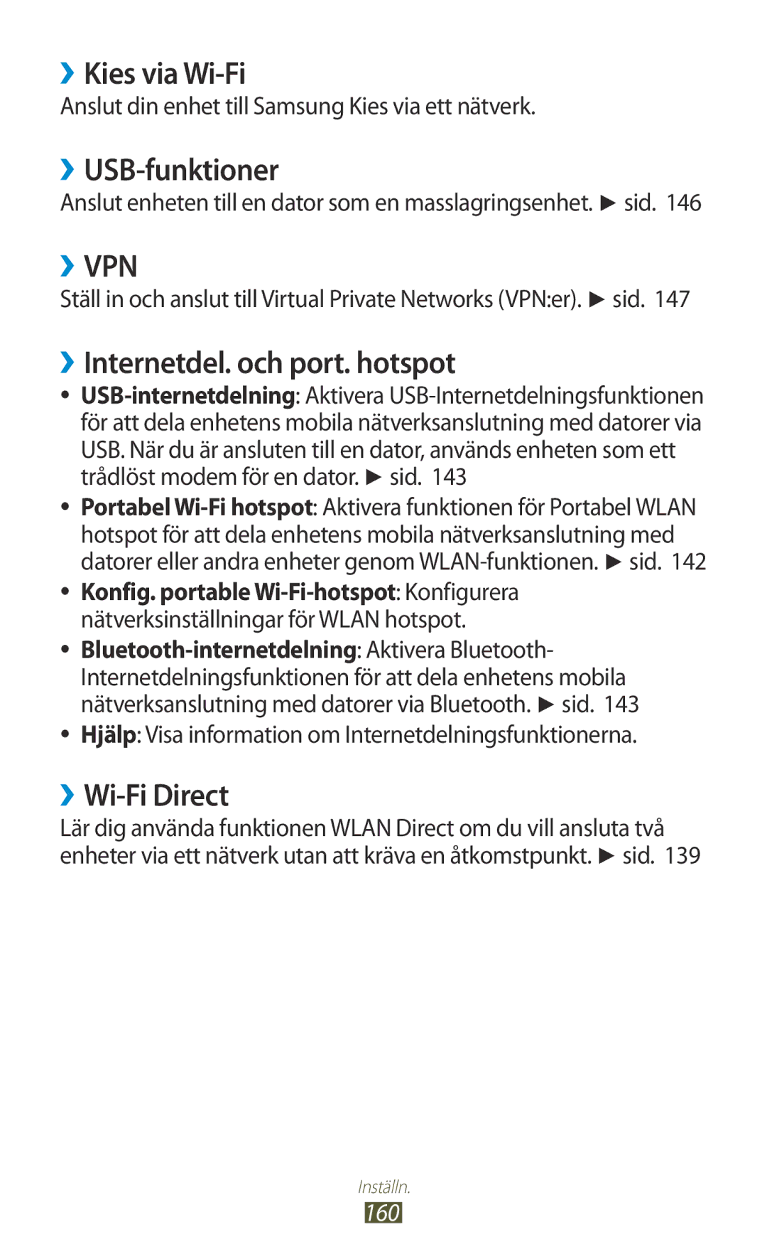 Samsung GT-N7000ZBENEE manual ››Kies via Wi-Fi, ››USB-funktioner, ››Internetdel. och port. hotspot, ››Wi-Fi Direct, 160 