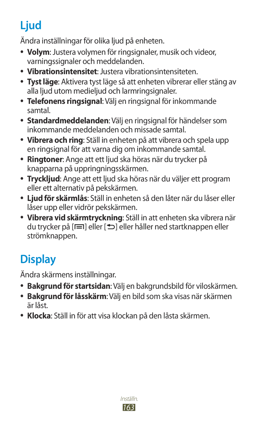 Samsung GT-N7000RWANEE, GT-N7000ZBENEE, GT-N7000ZBANEE, GT-N7000ZIANEE manual Ljud, Display, Ändra skärmens inställningar, 163 