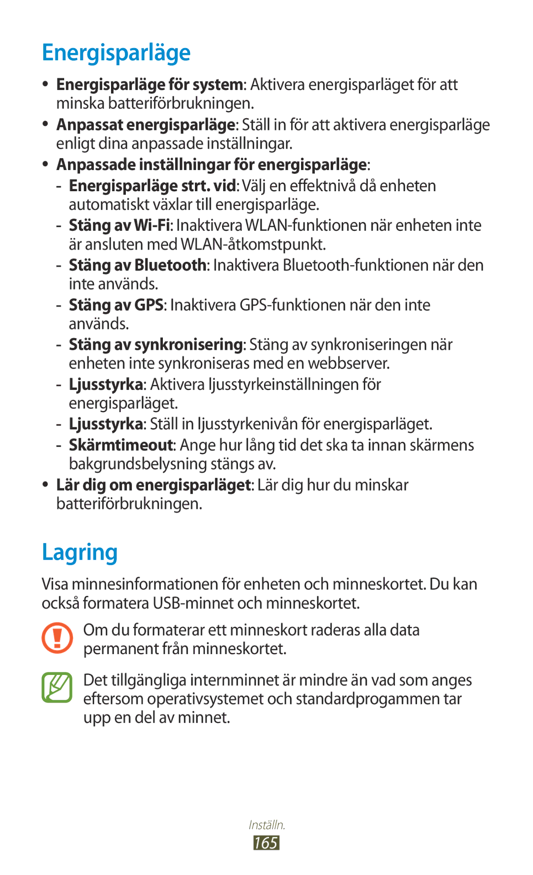 Samsung GT-N7000ZBANEE, GT-N7000ZBENEE manual Energisparläge, Lagring, Anpassade inställningar för energisparläge, 165 