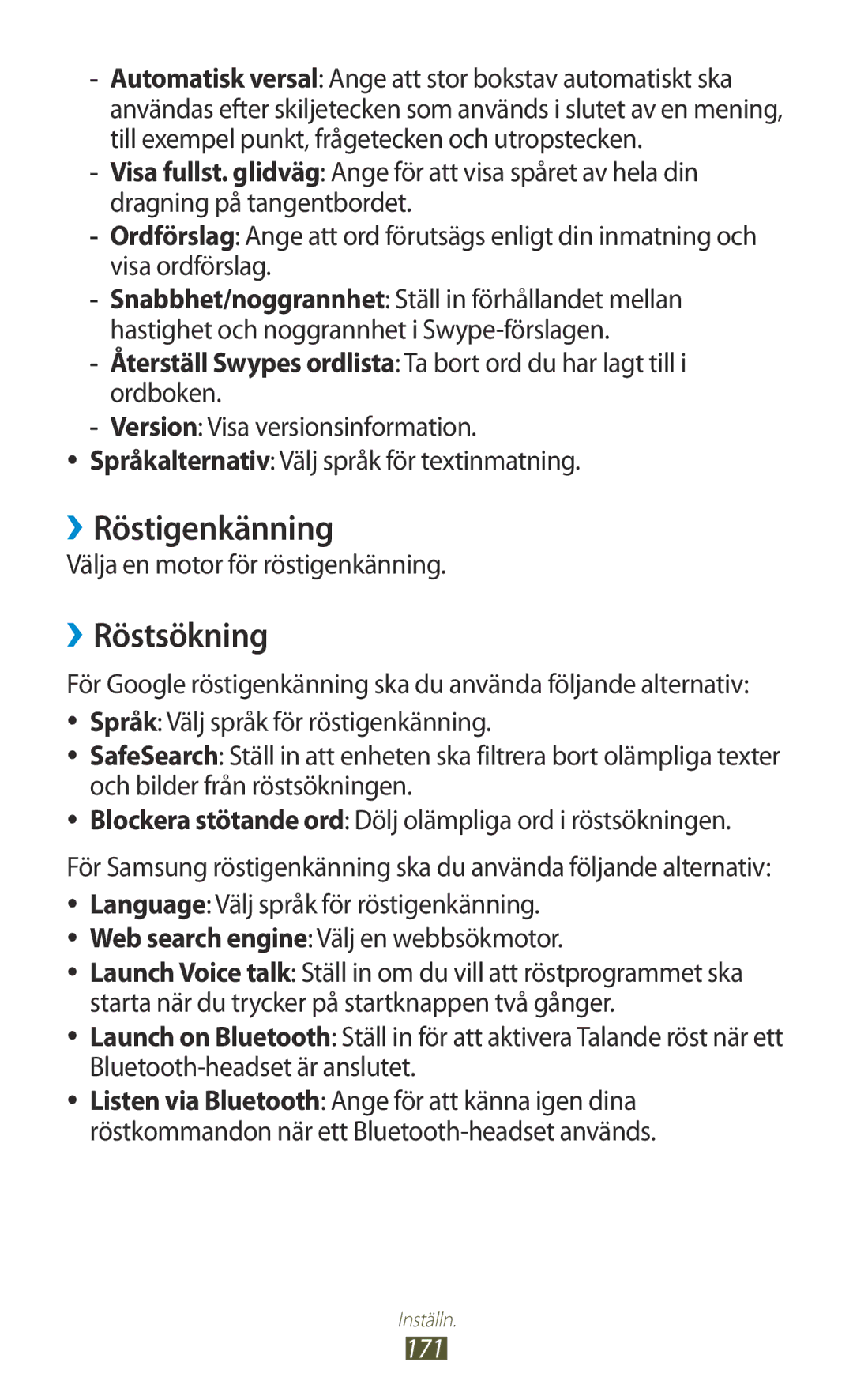 Samsung GT-N7000RWANEE, GT-N7000ZBENEE manual ››Röstigenkänning, ››Röstsökning, Välja en motor för röstigenkänning, 171 