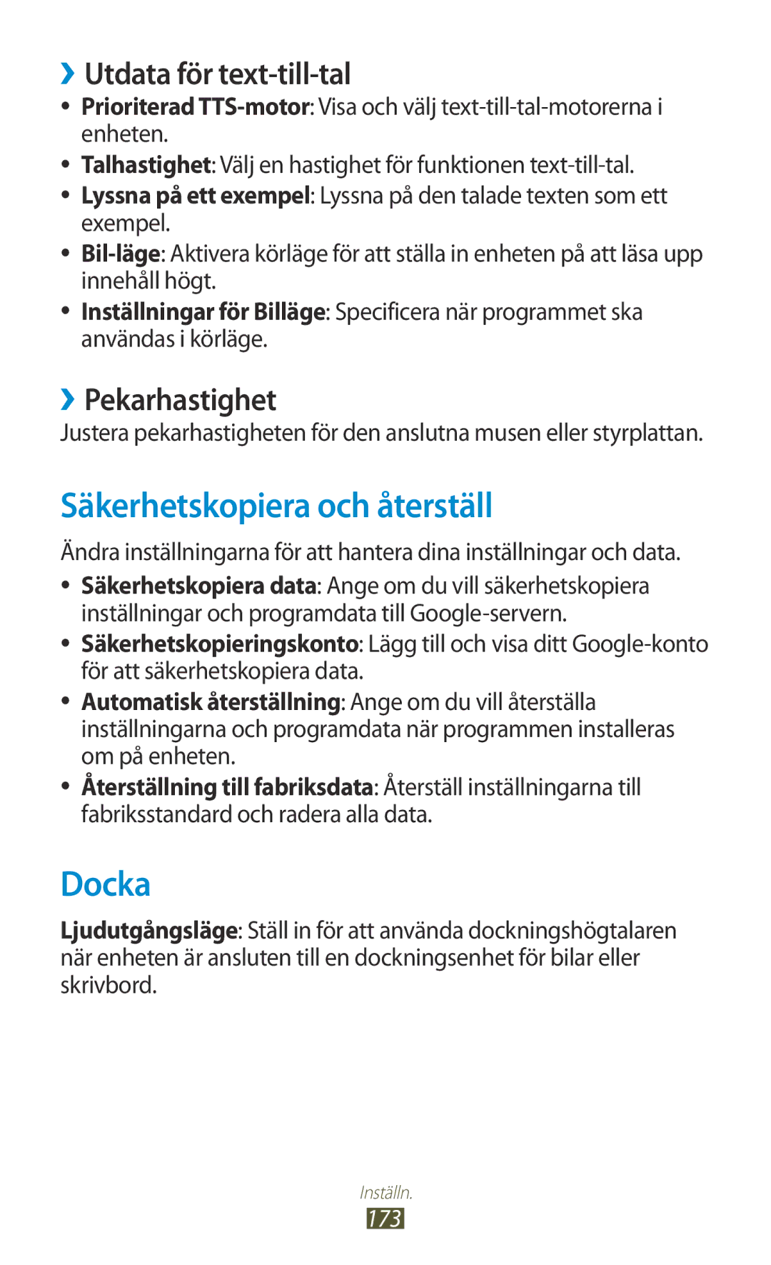 Samsung GT-N7000ZBANEE manual Säkerhetskopiera och återställ, Docka, ››Utdata för text-till-tal, ››Pekarhastighet, 173 