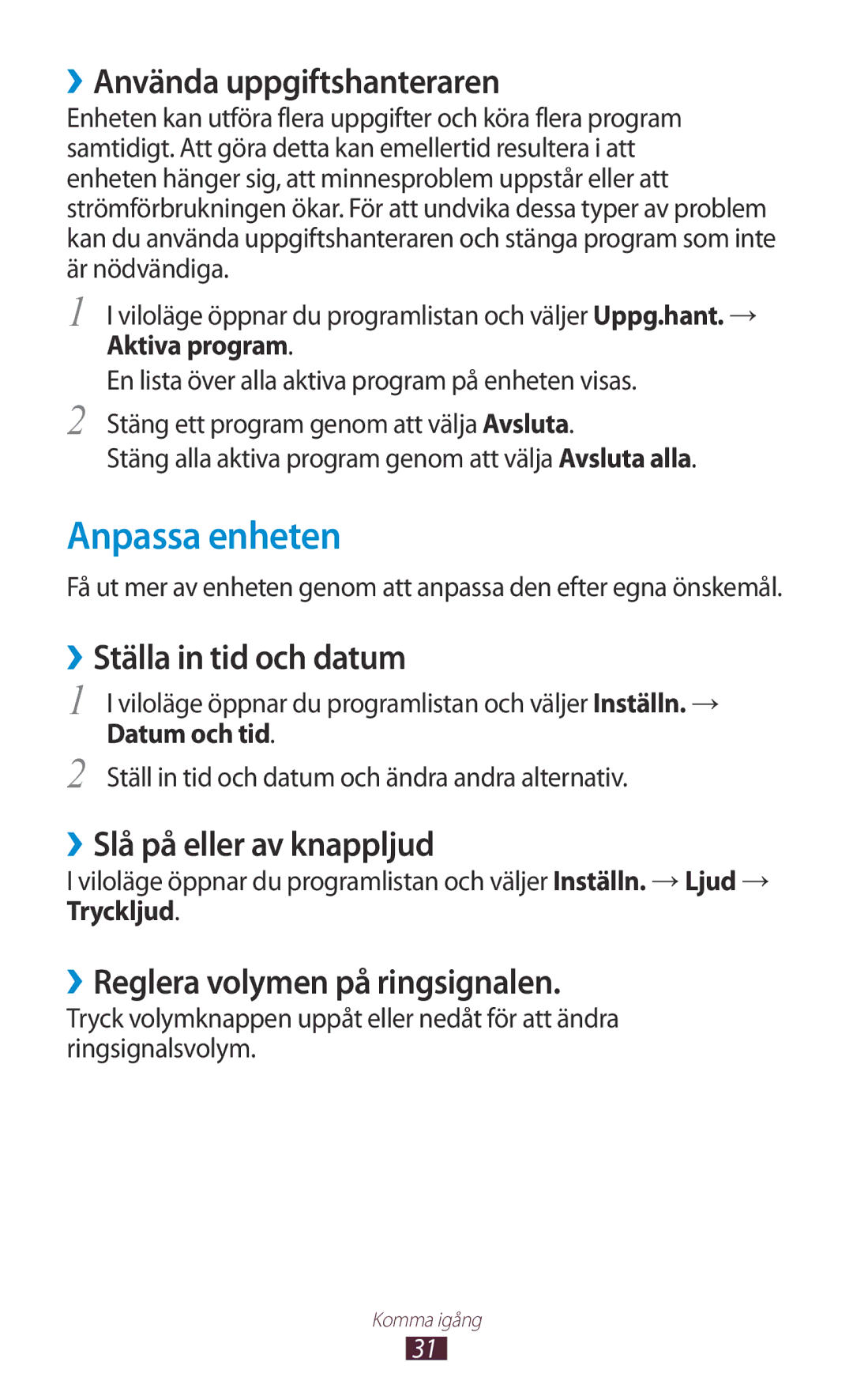 Samsung GT-N7000RWANEE, GT-N7000ZBENEE manual Anpassa enheten, ››Använda uppgiftshanteraren, ››Ställa in tid och datum 