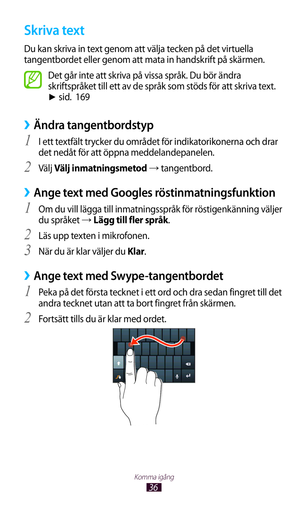 Samsung GT-N7000ZBENEE, GT-N7000ZBANEE manual Skriva text, ››Ändra tangentbordstyp, ››Ange text med Swype-tangentbordet 