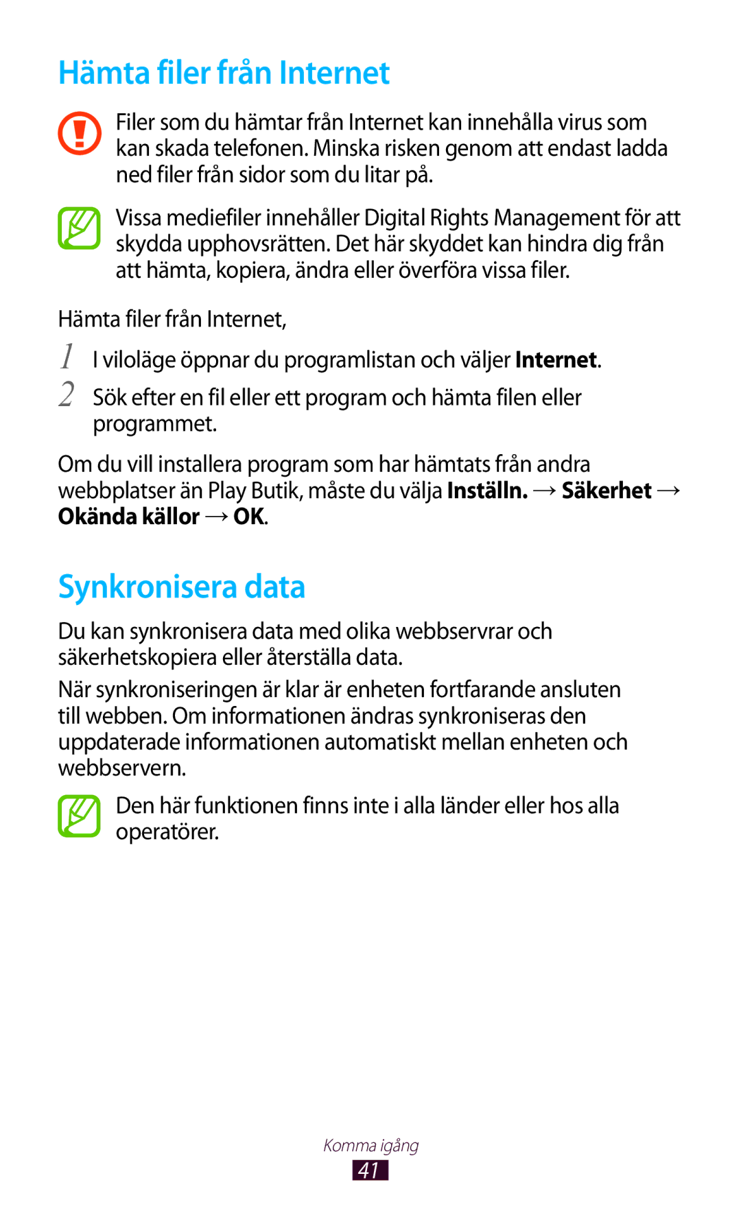 Samsung GT-N7000ZBANEE, GT-N7000ZBENEE, GT-N7000ZIANEE, GT-N7000RWANEE manual Hämta filer från Internet, Synkronisera data 