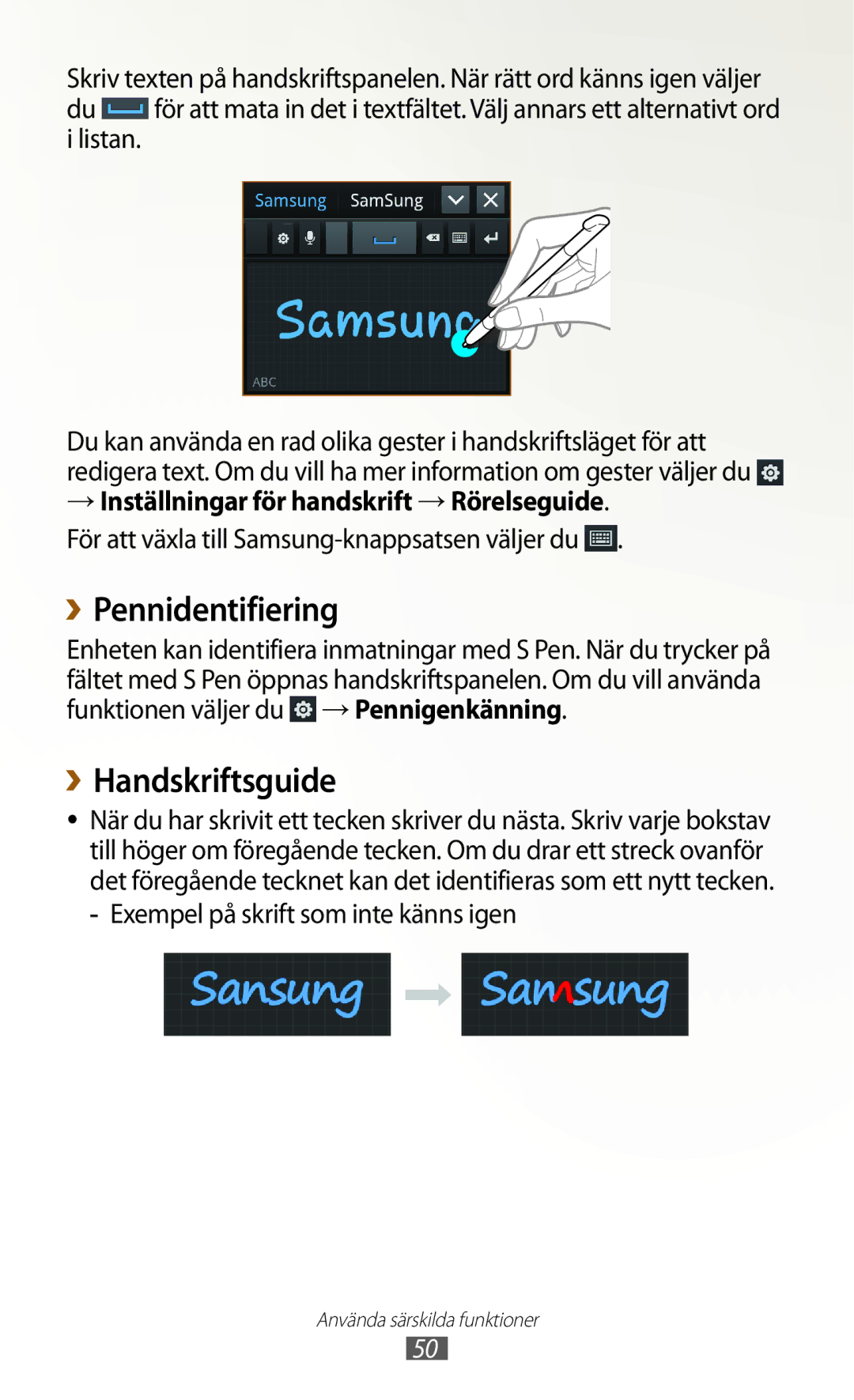 Samsung GT-N7000ZIANEE, GT-N7000ZBENEE, GT-N7000ZBANEE, GT-N7000RWANEE manual ››Pennidentifiering, ››Handskriftsguide 