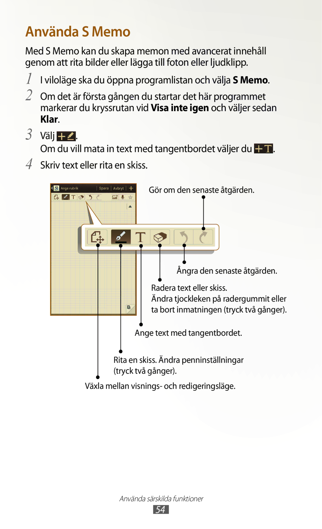 Samsung GT-N7000ZIANEE, GT-N7000ZBENEE, GT-N7000ZBANEE, GT-N7000RWANEE manual Använda S Memo 