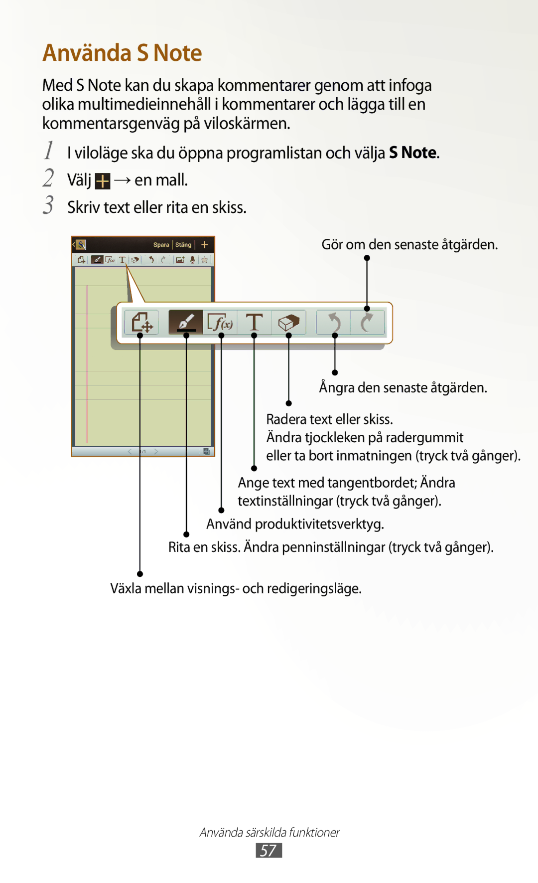 Samsung GT-N7000ZBANEE, GT-N7000ZBENEE, GT-N7000ZIANEE, GT-N7000RWANEE manual Använda S Note 