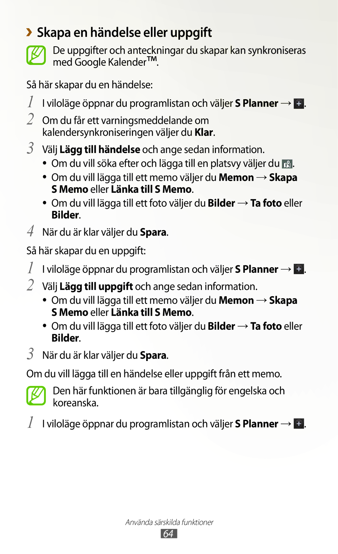 Samsung GT-N7000ZBENEE, GT-N7000ZBANEE manual ››Skapa en händelse eller uppgift, Memo eller Länka till S Memo, Bilder 