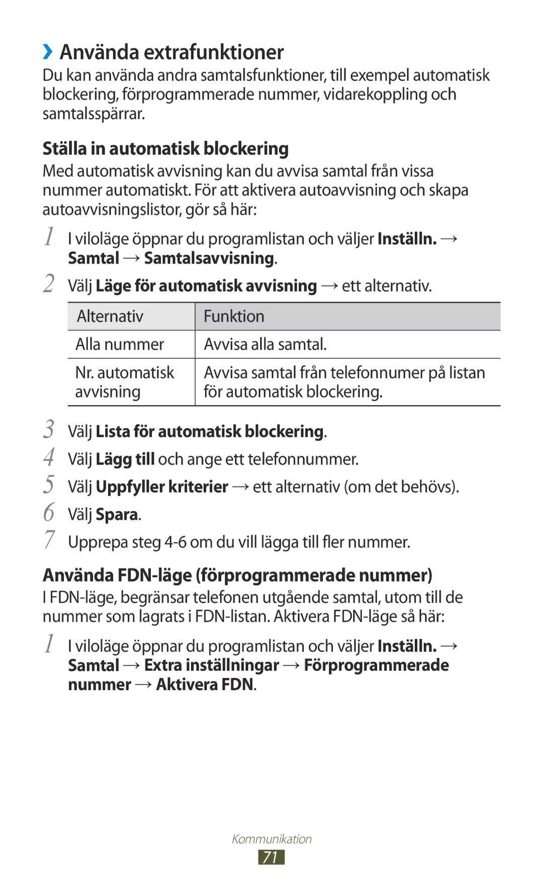 Samsung GT-N7000RWANEE manual ››Använda extrafunktioner, Samtal → Samtalsavvisning, Välj Lista för automatisk blockering 