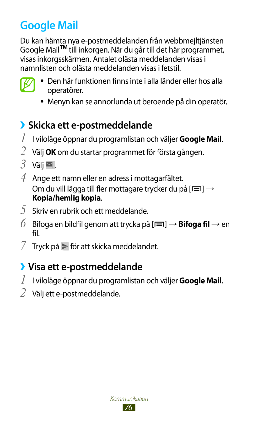 Samsung GT-N7000ZBENEE, GT-N7000ZBANEE manual Google Mail, ››Skicka ett e-postmeddelande, ››Visa ett e-postmeddelande 