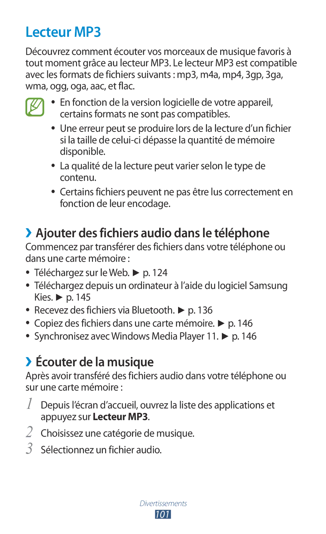 Samsung GT-N7000ZBEFTM manual Lecteur MP3, ››Ajouter des fichiers audio dans le téléphone, ››Écouter de la musique, 101 