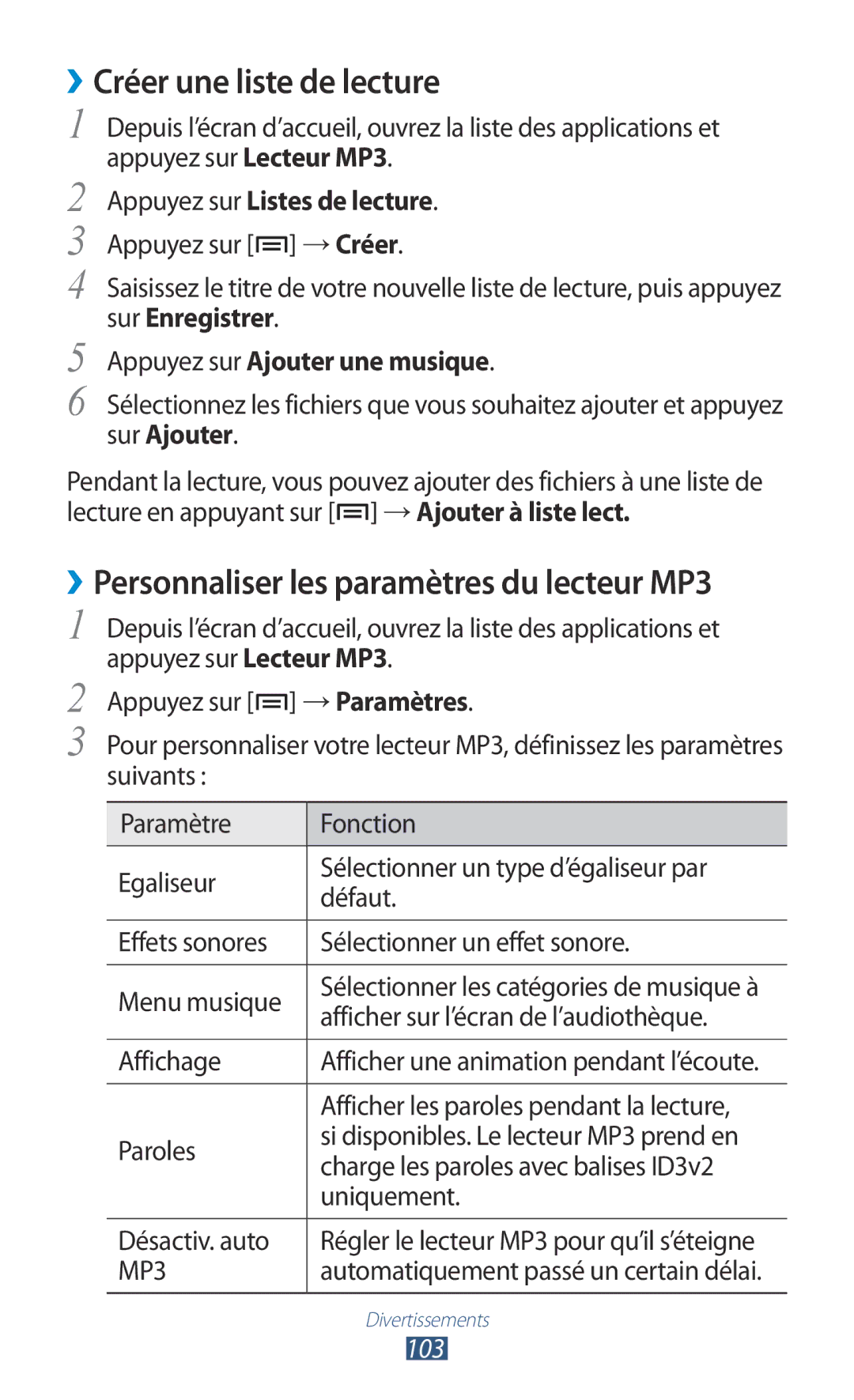 Samsung GT-N7000ZBESFR, GT-N7000ZIABOG manual Créer une liste de lecture, ››Personnaliser les paramètres du lecteur MP3 