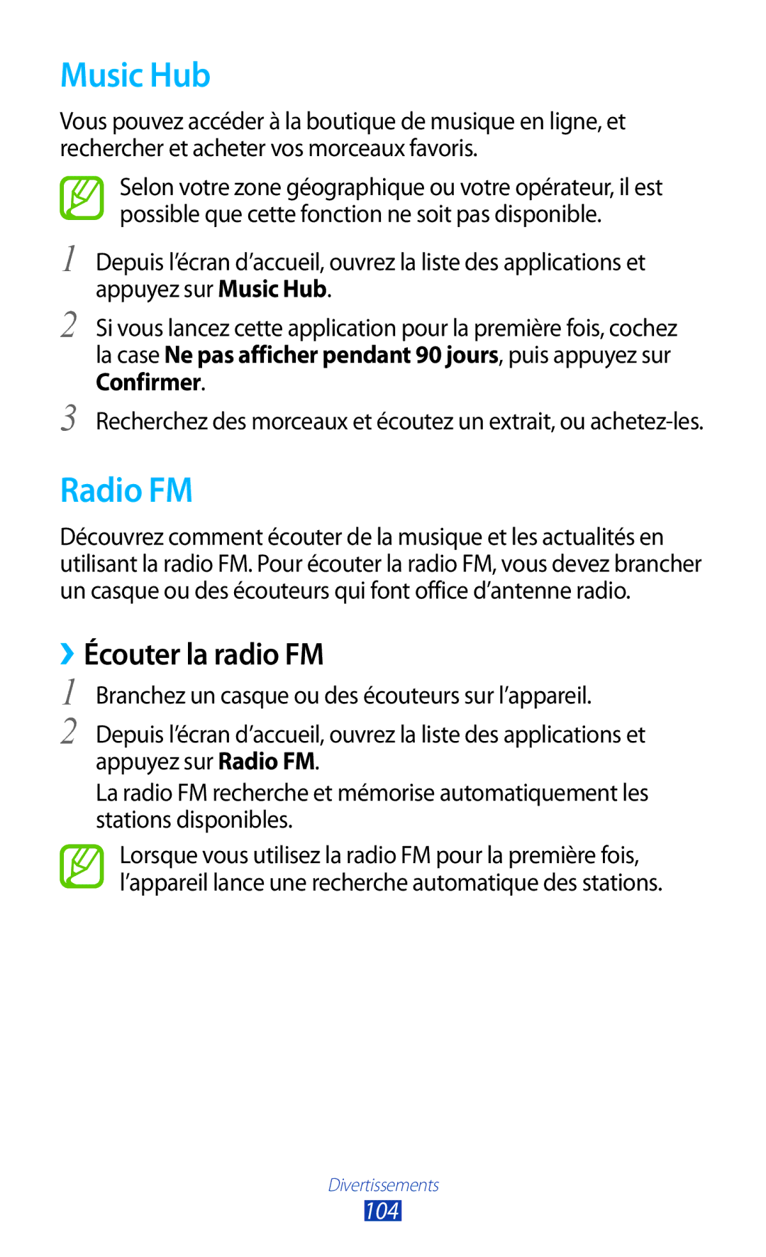 Samsung GT-N7000RWAXEF, GT-N7000ZIABOG, GT-N7000ZBAFTM, GT-N7000RWASFR manual Music Hub, Radio FM, ››Écouter la radio FM, 104 