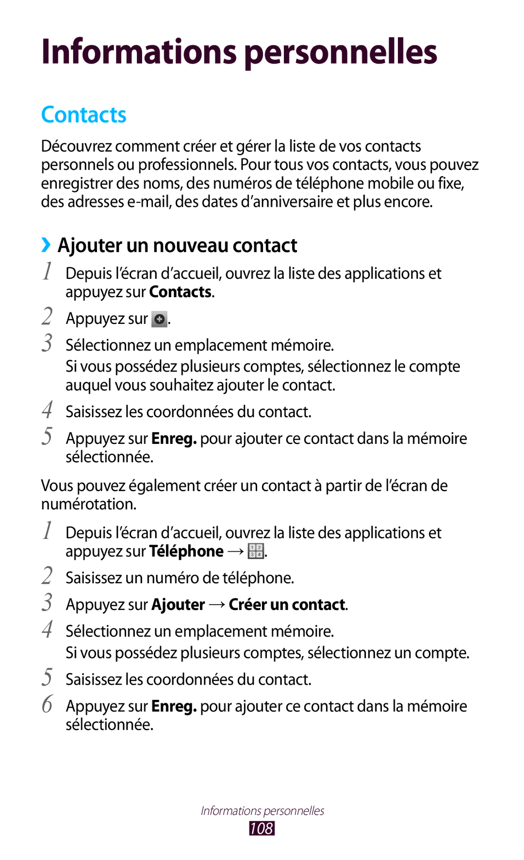 Samsung GT-N7000ZIAFTM, GT-N7000ZIABOG Contacts, ››Ajouter un nouveau contact, Appuyez sur Ajouter → Créer un contact, 108 