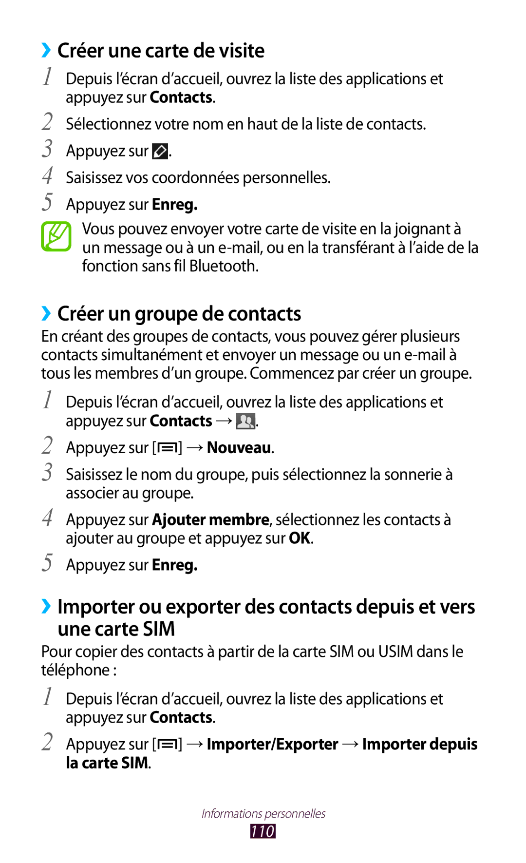 Samsung GT-N7000ZBASFR, GT-N7000ZIABOG, GT-N7000ZBAFTM manual ››Créer une carte de visite, ››Créer un groupe de contacts, 110 