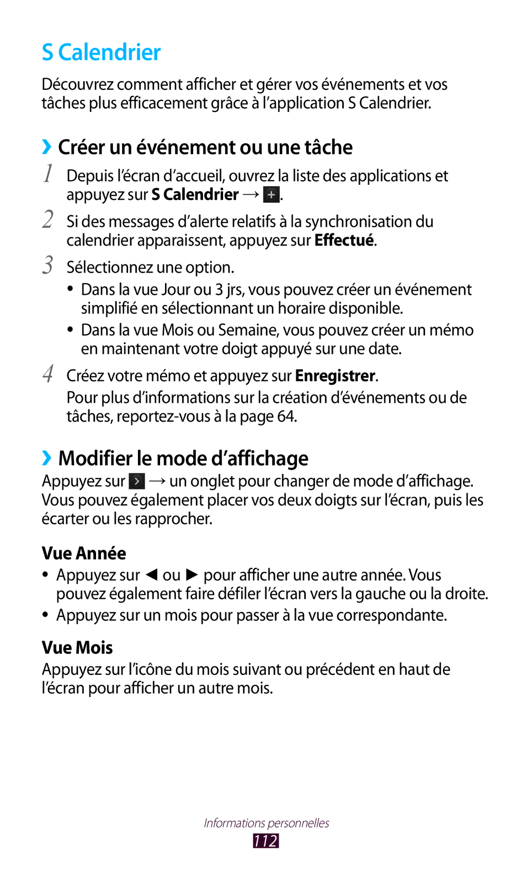 Samsung GT-N7000ZIABOG, GT-N7000ZBAFTM, GT-N7000RWASFR Calendrier, ››Modifier le mode d’affichage, Vue Année, Vue Mois, 112 