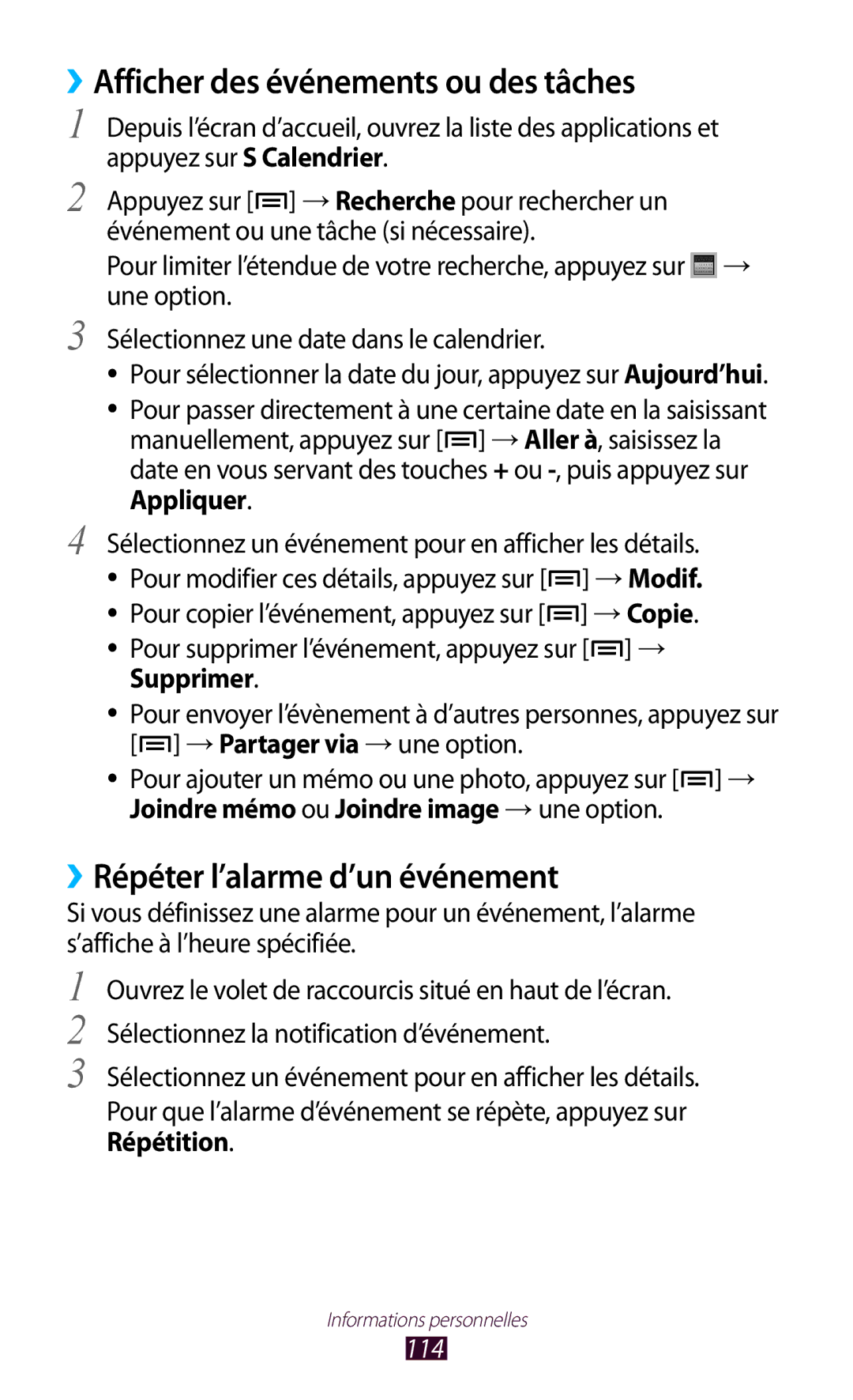 Samsung GT-N7000RWASFR, GT-N7000ZIABOG ››Afficher des événements ou des tâches, ››Répéter l’alarme d’un événement, 114 