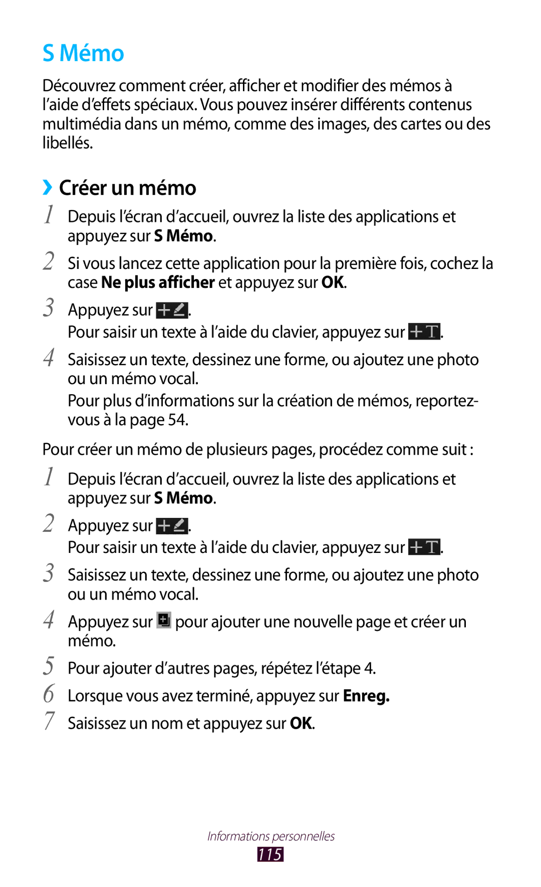 Samsung GT-N7000ZIAXEF, GT-N7000ZIABOG, GT-N7000ZBAFTM, GT-N7000RWASFR, GT-N7000ZBEXEF manual Mémo, ››Créer un mémo, 115 