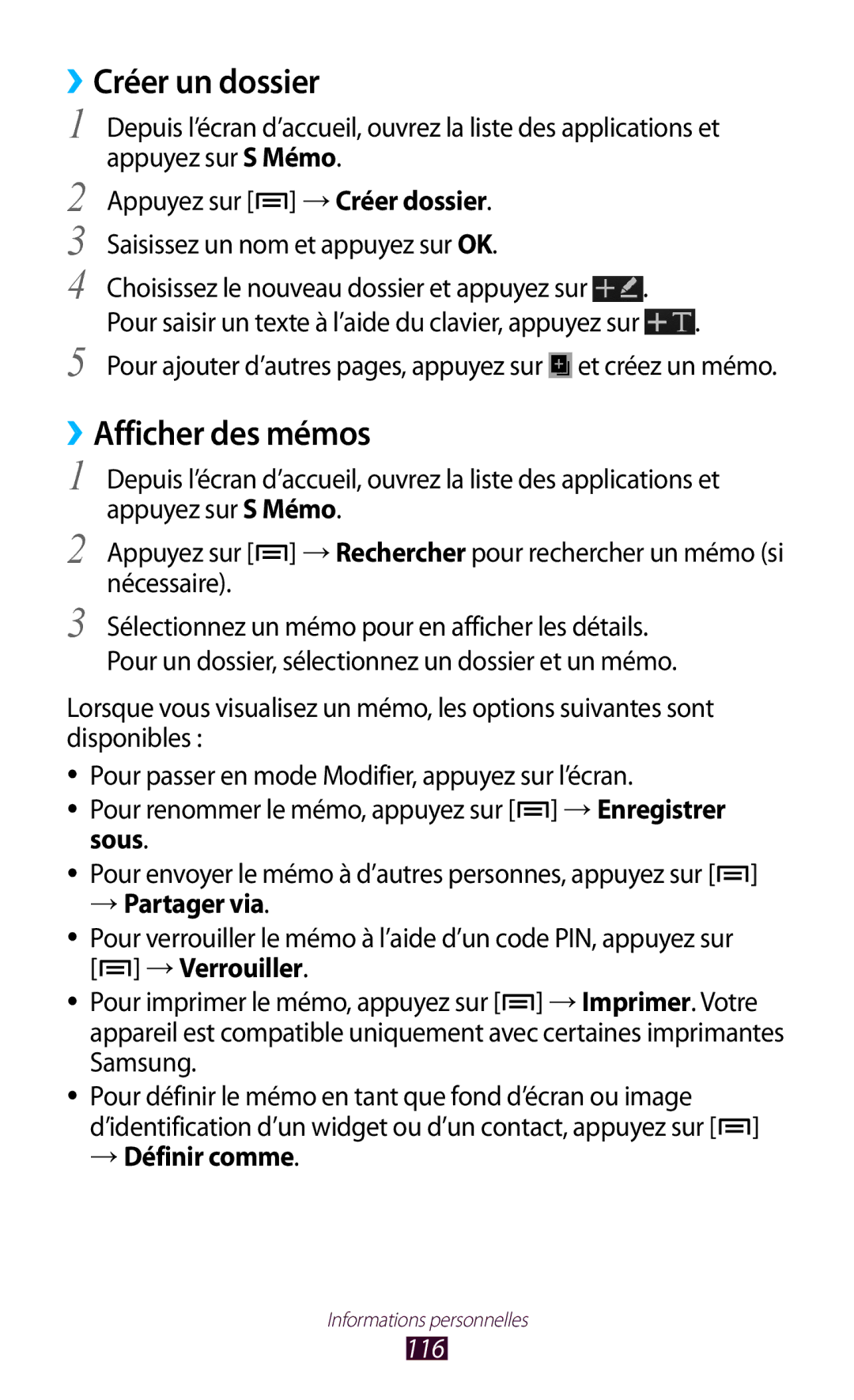 Samsung GT-N7000ZBEXEF, GT-N7000ZIABOG, GT-N7000ZBAFTM, GT-N7000RWASFR ››Créer un dossier, ››Afficher des mémos, Sous, 116 