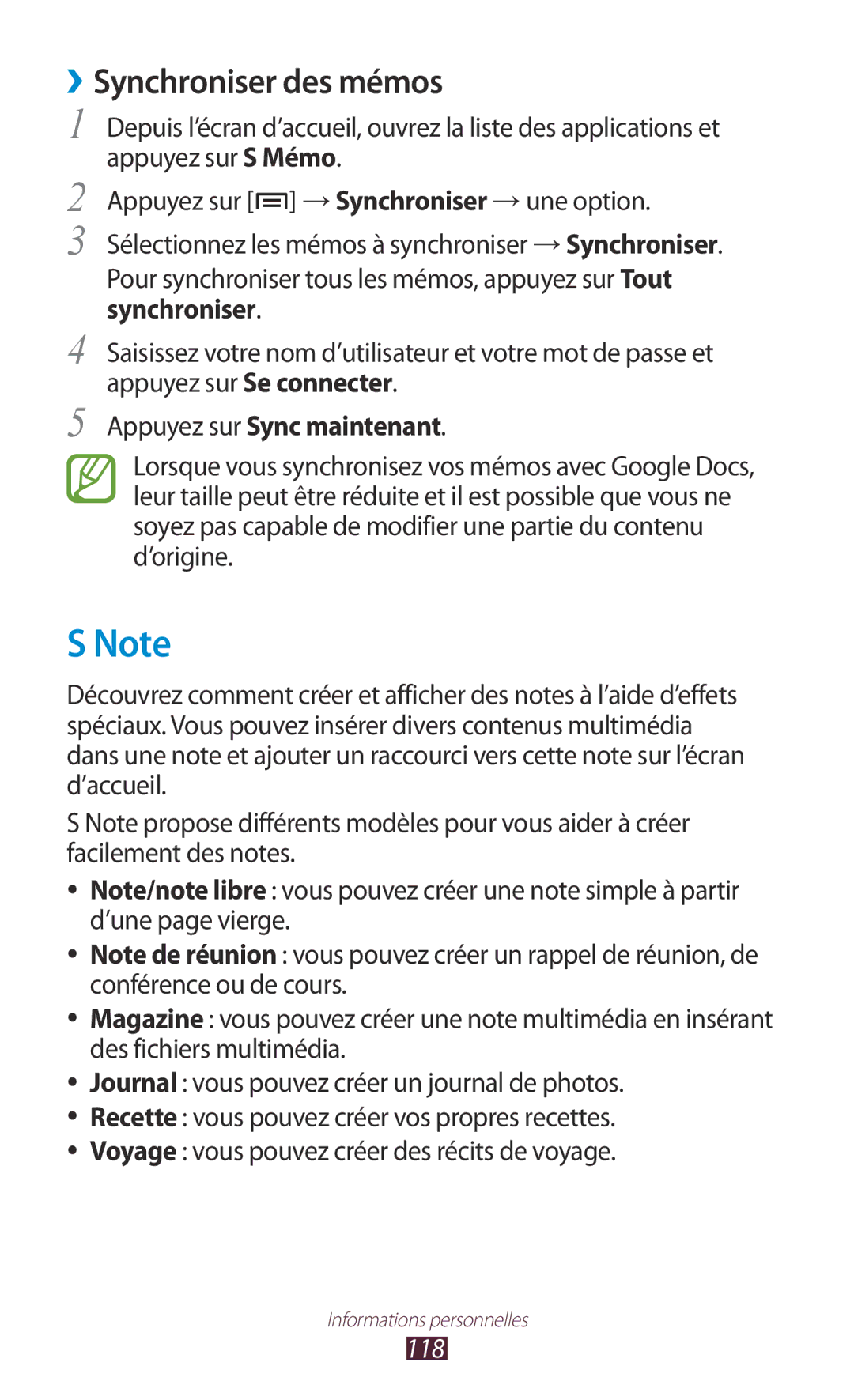 Samsung GT-N7000RWAFTM, GT-N7000ZIABOG, GT-N7000ZBAFTM manual ››Synchroniser des mémos, Appuyez sur Sync maintenant, 118 