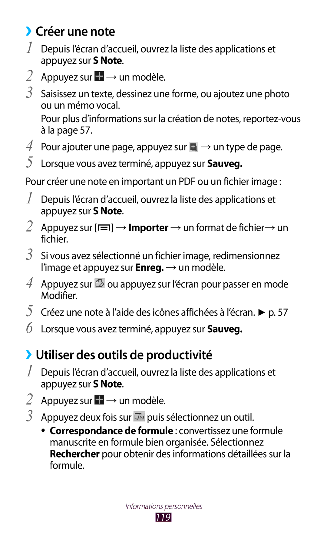 Samsung GT-N7000ZBESFR, GT-N7000ZIABOG, GT-N7000ZBAFTM manual ››Créer une note, ››Utiliser des outils de productivité, 119 