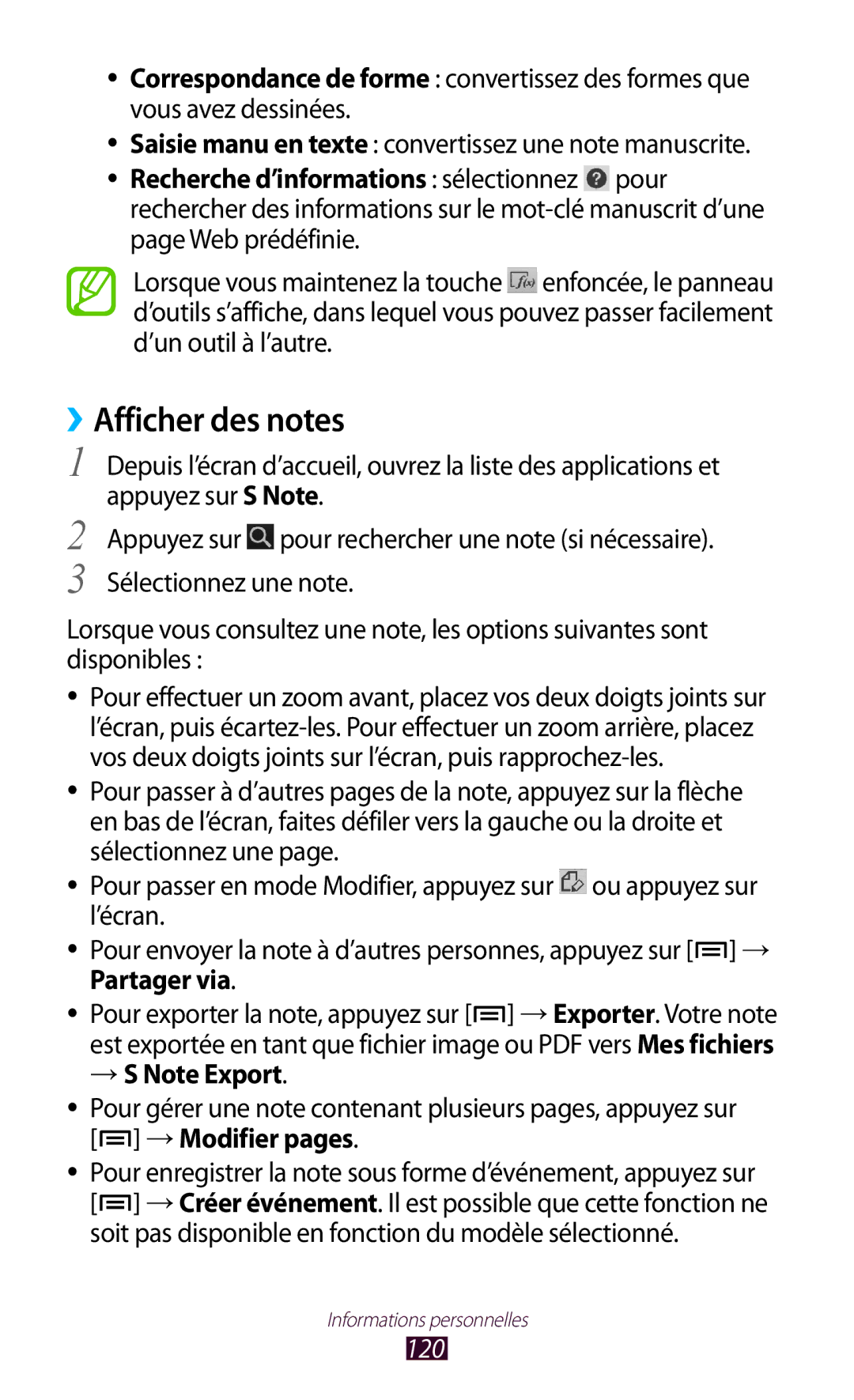 Samsung GT-N7000RWAXEF, GT-N7000ZIABOG, GT-N7000ZBAFTM, GT-N7000RWASFR manual ››Afficher des notes, → S Note Export, 120 